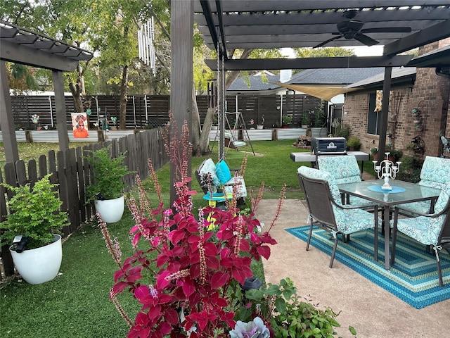 view of patio featuring outdoor dining space, a fenced backyard, a pergola, and a ceiling fan