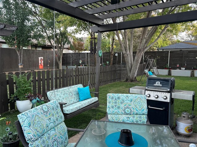 view of patio featuring an outdoor living space, outdoor dining area, a fenced backyard, a pergola, and grilling area