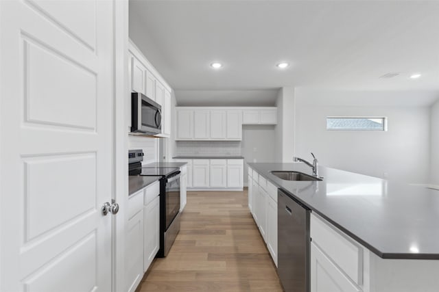 kitchen with a sink, dark countertops, white cabinetry, appliances with stainless steel finishes, and decorative backsplash