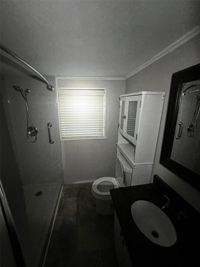bathroom with vanity, toilet, a shower, and a textured ceiling