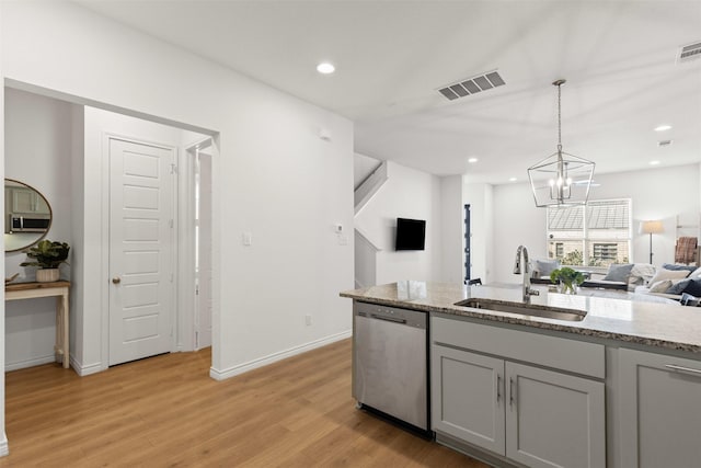 kitchen with visible vents, gray cabinetry, a sink, appliances with stainless steel finishes, and open floor plan