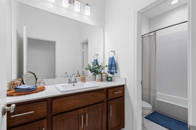 bathroom featuring tile patterned flooring, toilet, vanity, and shower / bath combination with curtain