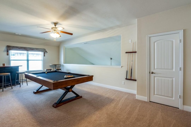 recreation room featuring pool table, baseboards, carpet, a bar, and a ceiling fan