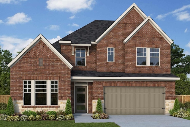 view of front of home with brick siding, stone siding, an attached garage, and driveway