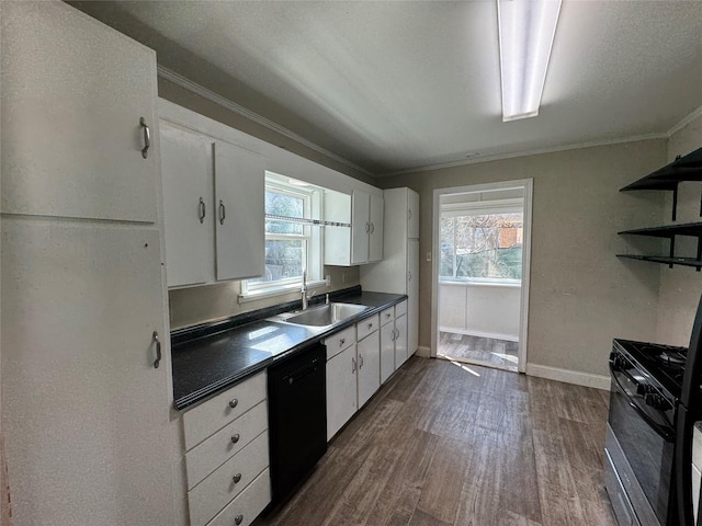 kitchen with a sink, open shelves, black dishwasher, dark countertops, and gas range