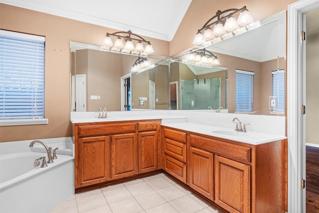 full bath with double vanity, ornamental molding, a bath, and a sink