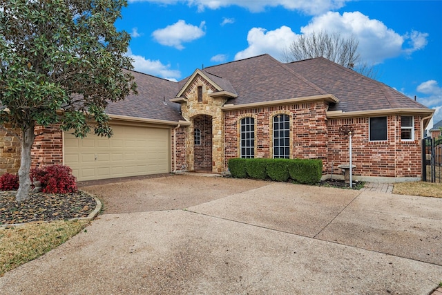 view of front of home featuring an attached garage, brick siding, roof with shingles, and driveway