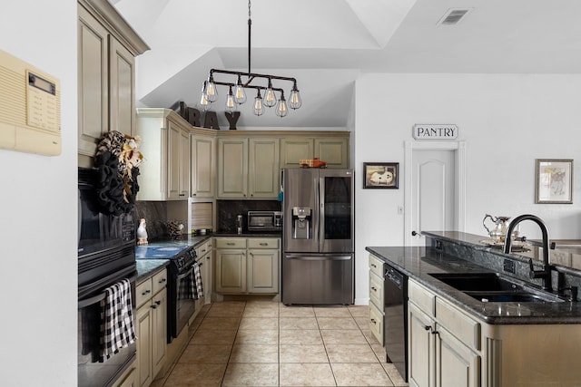 kitchen featuring visible vents, black appliances, a sink, backsplash, and light tile patterned flooring