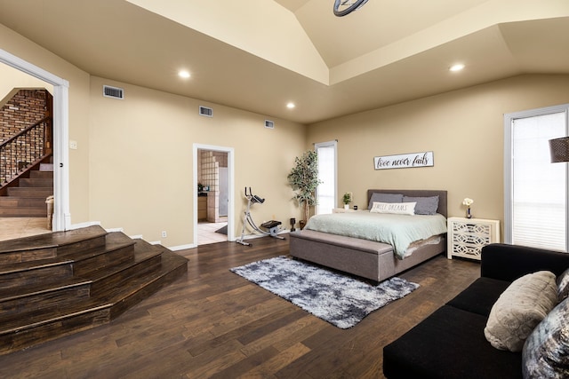 bedroom with recessed lighting, visible vents, wood finished floors, and vaulted ceiling