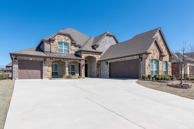 french country inspired facade featuring driveway, a standing seam roof, a garage, brick siding, and metal roof