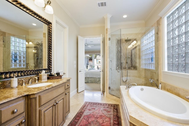 ensuite bathroom with visible vents, a stall shower, connected bathroom, crown molding, and vanity