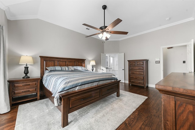 bedroom featuring lofted ceiling, a ceiling fan, crown molding, baseboards, and dark wood-style flooring