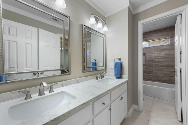 full bathroom with a sink, ornamental molding, double vanity, and tile patterned flooring