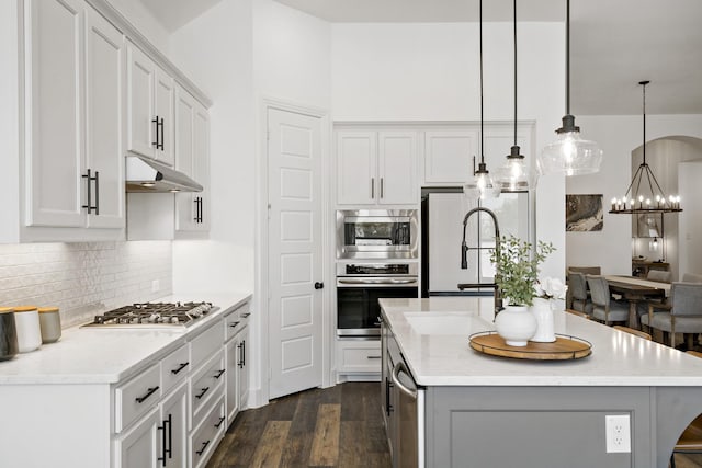 kitchen featuring a kitchen island with sink, stainless steel appliances, dark wood finished floors, under cabinet range hood, and backsplash