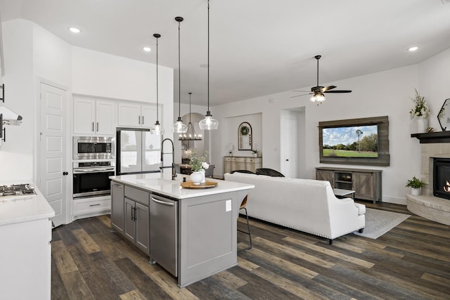 kitchen with open floor plan, a sink, stainless steel appliances, and ceiling fan