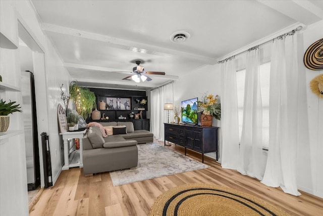 living room with light wood-type flooring, visible vents, beam ceiling, ornamental molding, and ceiling fan