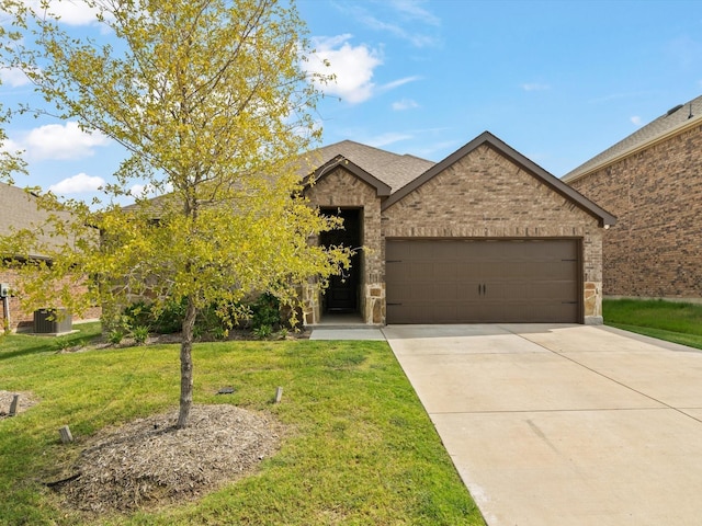 view of front of property with brick siding, a shingled roof, a front lawn, concrete driveway, and a garage