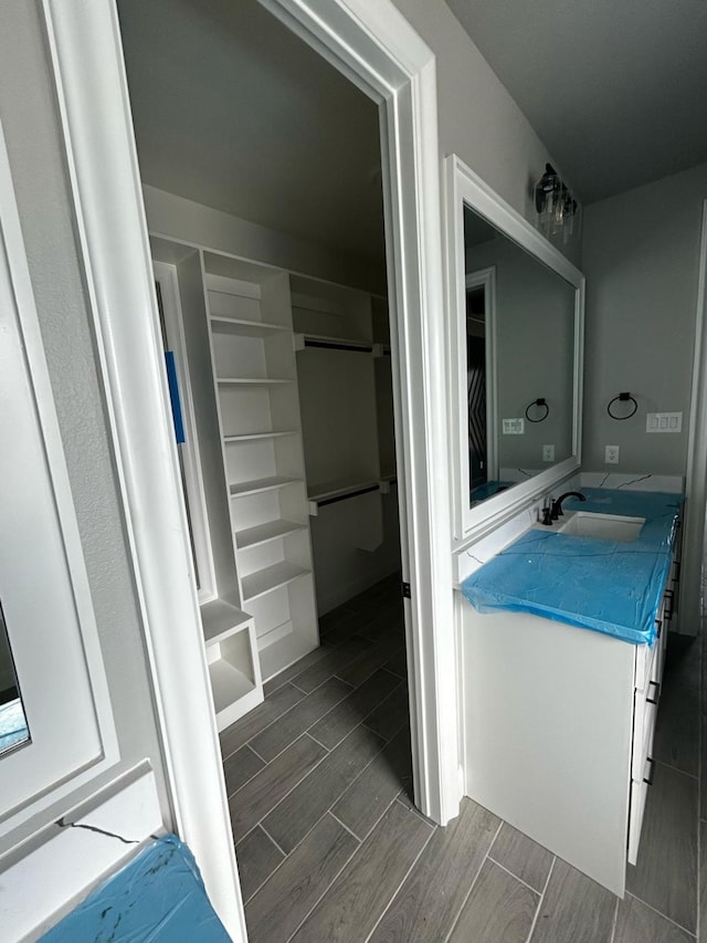 bathroom with wood finish floors and vanity