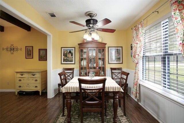 dining space with ceiling fan, visible vents, a wainscoted wall, and wood finished floors