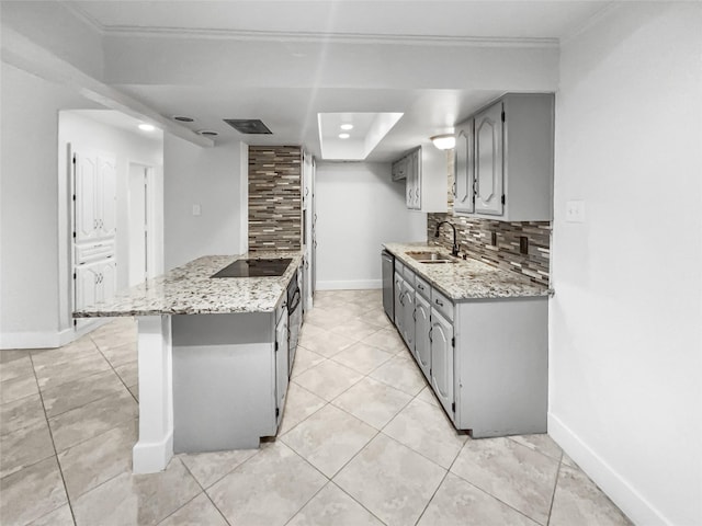 kitchen with gray cabinets, a sink, dishwasher, black electric stovetop, and backsplash