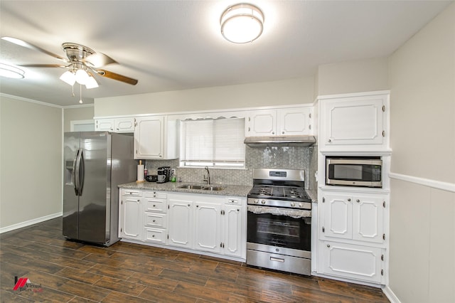 kitchen with tasteful backsplash, under cabinet range hood, dark wood finished floors, stainless steel appliances, and a sink