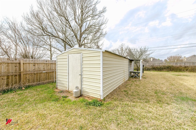 view of shed with a fenced backyard