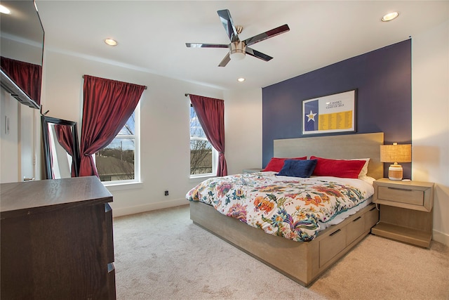 bedroom featuring carpet flooring, recessed lighting, and baseboards