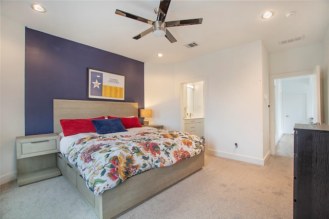 bedroom with visible vents, recessed lighting, baseboards, and carpet