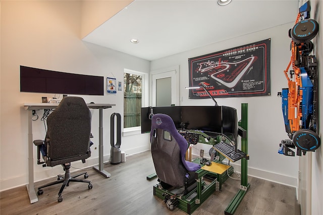 office with recessed lighting, baseboards, and wood finished floors