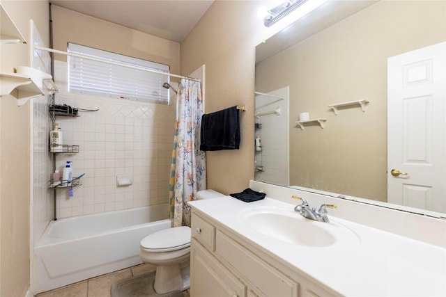 full bathroom with toilet, shower / bath combination with curtain, vanity, and tile patterned flooring