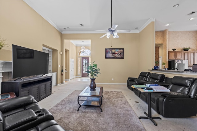 living area featuring visible vents, light colored carpet, crown molding, and baseboards