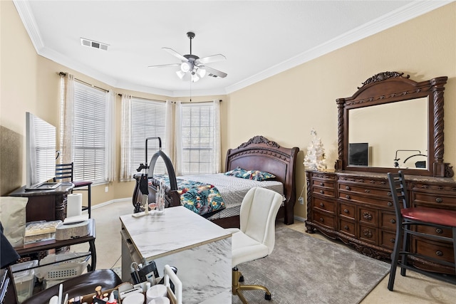 bedroom with visible vents, light carpet, and crown molding