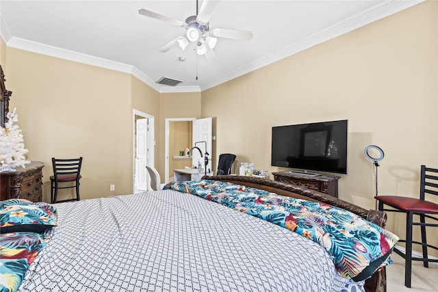 bedroom with visible vents, carpet flooring, crown molding, and a ceiling fan