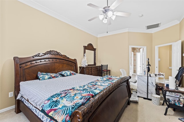 bedroom featuring visible vents, baseboards, carpet, ornamental molding, and a ceiling fan