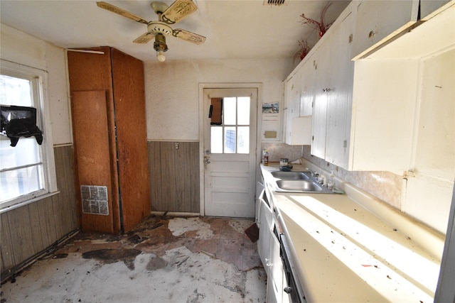 kitchen featuring a sink, wooden walls, a healthy amount of sunlight, and light countertops