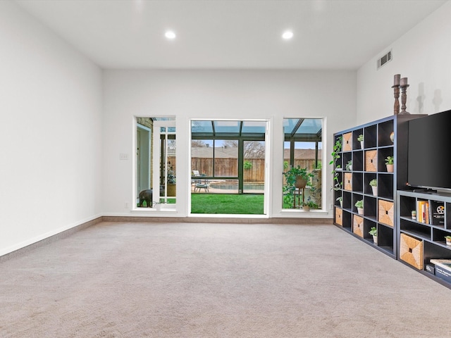 3320 Canyon Valley Trl, Plano, TX 75023 - unfurnished living room with baseboards, visible vents, carpet floors, and recessed lighting