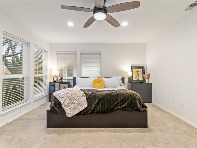 3320 Canyon Valley Trl, Plano, TX 75023 - bedroom featuring light colored carpet, baseboards, visible vents, and recessed lighting