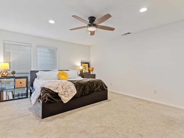 bedroom featuring visible vents, recessed lighting, carpet flooring, baseboards, and ceiling fan