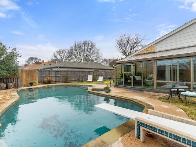 3320 Canyon Valley Trl, Plano, TX 75023 - view of swimming pool with a fenced in pool, a fenced backyard, a patio, and a diving board