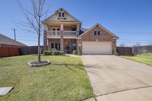 view of front of home with brick siding, driveway, a front yard, and a balcony