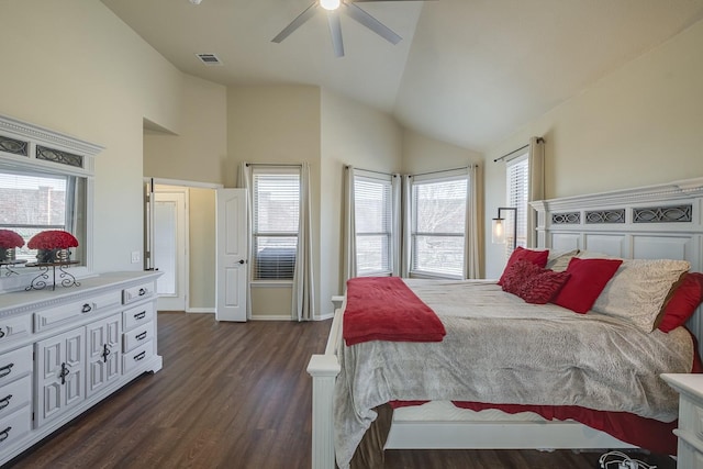 bedroom featuring visible vents, baseboards, ceiling fan, dark wood finished floors, and high vaulted ceiling