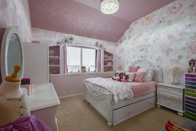 bedroom with light carpet, an inviting chandelier, wallpapered walls, and lofted ceiling