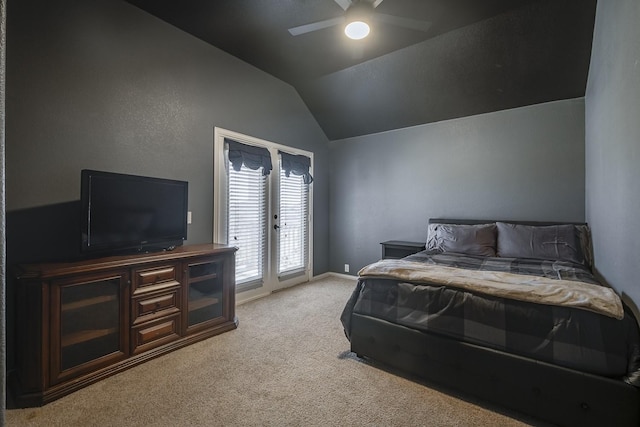 bedroom with access to exterior, baseboards, ceiling fan, light colored carpet, and vaulted ceiling