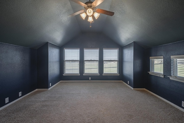 additional living space with a textured ceiling, carpet, vaulted ceiling, and a textured wall