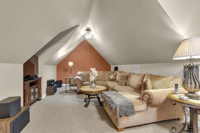 living room featuring visible vents, baseboards, carpet, and vaulted ceiling