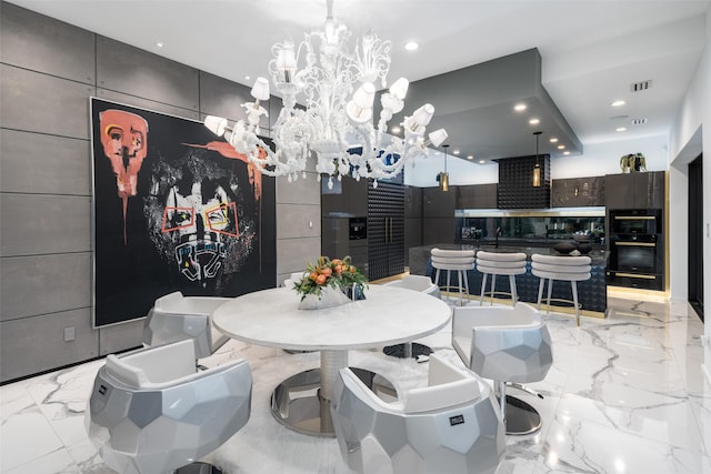 dining space featuring recessed lighting, visible vents, marble finish floor, and an inviting chandelier