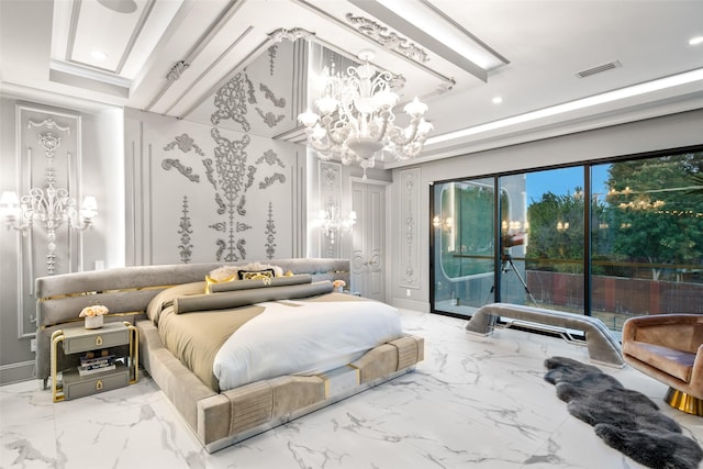 bedroom featuring visible vents, a notable chandelier, marble finish floor, a tray ceiling, and access to exterior