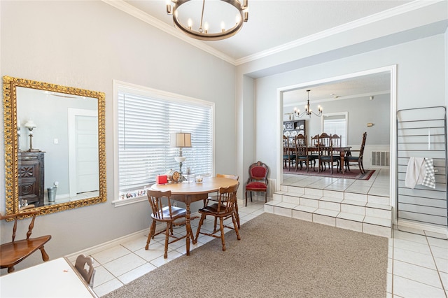 tiled dining room featuring crown molding, a notable chandelier, baseboards, and visible vents