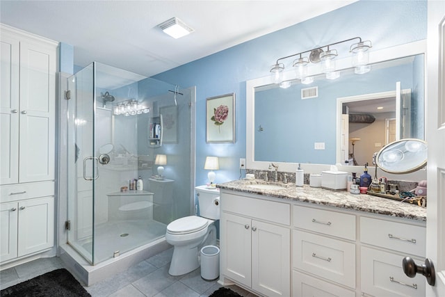 full bath featuring tile patterned floors, toilet, visible vents, and a shower stall