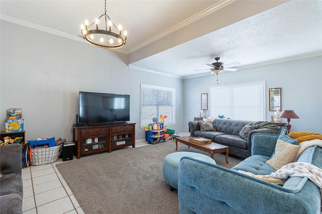 tiled living area featuring ceiling fan with notable chandelier, a textured ceiling, and crown molding